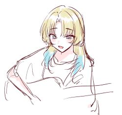  1girl :d blonde_hair blue_eyes blue_hair commentary_request guitar highres instrument long_hair love_live! love_live!_hasu_no_sora_jogakuin_school_idol_club multicolored_hair open_mouth osawa_rurino parted_bangs simple_background smile solo two-tone_hair virtual_youtuber white_background zangemiya 