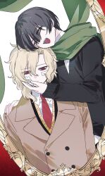  2boys :d absurdres bags_under_eyes bandaid bandaid_on_face black_hair black_sweater blonde_hair coat collared_shirt commentary commission fang floating_scarf gauze gauze_on_cheek green_eyes green_scarf grey_eyes half-closed_eyes hand_on_another's_face hand_on_another's_shoulder head_tilt heads_together heterochromia highres looking_at_mirror looking_at_reflection looking_down male_focus mamiya_yumehisa medium_hair mirror mole mole_under_eye multiple_boys natsume_souichirou necktie red_eyes red_necktie sad scarf second-party_source sekai_metsubou_kyouyuu_gensou_mamiya shirt short_hair smile suanle111 sweater taunting trench_coat untranslatable_commentary upper_body v-neck wavy_hair 