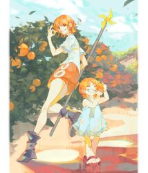  2girls absurdres aged_down bare_legs bare_shoulders bird blue_sky boots brown_boots brown_eyes closed_eyes clouds cloudy_sky coin commentary dress dual_persona falling_leaves food fruit full_body gold_coin grin highres holding holding_coin holding_food holding_fruit holding_staff leaf legs lirubik looking_at_viewer mandarin_orange miniskirt money_gesture multiple_girls nami_(one_piece) one_piece orange_hair orange_skirt orange_tree outdoors pinwheel sandals shirt short_hair short_sleeves skirt sky smile staff white_bird white_shirt 