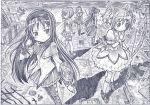  akemi_homura bow_(weapon) bubble_skirt graphite_(medium) gun jpeg_artifacts kaname_madoka magical_girl mahou_shoujo_madoka_magica miki_sayaka monochrome multiple_girls official_style pantyhose polearm rifle sakino_shingetsu sakura_kyouko shadow shield spear sword tomoe_mami traditional_media weapon 