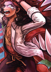  1boy bead_bracelet beads black_pants bracelet brown_hair crying danganronpa:_trigger_happy_havoc danganronpa_(series) hagakure_yasuhiro highres jacket jewelry male_focus mimic mimic_chest open_clothes open_mouth open_shirt orima pants running sharp_teeth solo teeth third-party_source turn_pale white_jacket 