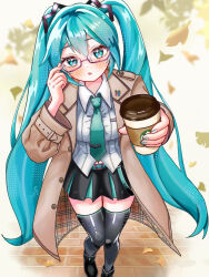 1girl absurdres adjusting_eyewear aqua_eyes aqua_hair aqua_necktie autumn black_shoes black_skirt blush brick_floor coat coffee cup disposable_coffee_cup disposable_cup falling_leaves glasses hatsune_miku highres holding holding_cup leaf long_hair looking_at_viewer maarin_(59567861) necktie open_clothes open_mouth outdoors pink-framed_eyewear pleated_skirt semi-rimless_eyewear shirt shoes signature skirt solo standing starbucks thigh-highs trench_coat twintails under-rim_eyewear very_long_hair vocaloid white_shirt 
