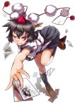  bent_over black_hair black_legwear face foreshortening geta grin hands hat kneehighs leaning_forward outstretched_arms photo_(object) red_eyes shameimaru_aya short_hair simple_background skirt smile solo standing_on_one_leg taketora tokin_hat touhou wink 