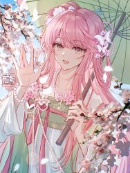 1girl absurdres bead_necklace beads blue_sky bow branch brown_eyes butterfly_hair_ornament cherry_blossoms chinese_clothes chinese_commentary clouds collarbone commentary_request commission day dot_nose eyelashes eyeshadow falling_petals floral_print flower flower_necklace green_shawl green_umbrella hair_beads hair_bun hair_flower hair_intakes hair_ornament hanfu happy highres holding holding_umbrella jewelry long_hair long_sidelocks long_sleeves looking_at_viewer loose_hair_strand lotus_print makeup necklace nikki_(nikki) nikki_(series) oil-paper_umbrella open_mouth outdoors petals pink_bow pink_eyeshadow pink_flower pink_hair print_hanfu qingyimouzhixianyuhuashou shawl shining_nikki sidelocks single_side_bun sky smile solo spring_(season) square_neckline umbrella umbrella_over_shoulder upper_body very_long_hair watermark waving white_hanfu wide_sleeves 