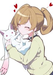 1girl absurdres blush brown_hair closed_eyes closed_mouth commentary creature heart highres holding holding_creature kyubey long_hair long_sleeves looking_at_viewer mahou_shoujo_madoka_magica mahou_shoujo_madoka_magica:_walpurgis_no_kaiten mitakihara_school_uniform pink_eyes puckered_lips pushing_away pushing_face school_uniform selema_terez simple_background sutora_binsuke sweater swept_bangs twintails upper_body white_background