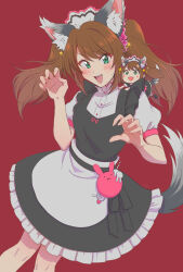  2boys animal_ear_fluff animal_ears apron black_dress blush blush_stickers brown_hair buttons chibi collared_shirt commentary_request crossdressing crossdressing_(mtf) dress dutch_angle fake_animal_ears frilled_dress frills hair_ornament highres idolmaster idolmaster_side-m long_hair maid maid_apron maid_headdress male_focus male_maid mizushima_saki multiple_boys nemuko_(minkoooozzz) open_mouth paw_pose pink_scrunchie puffy_short_sleeves puffy_sleeves red_background scrunchie shirt short_dress short_sleeves simple_background smile star_(symbol) star_hair_ornament striped_blush tail teeth trap twintails undershirt upper_teeth_only white_shirt wolf_tail 