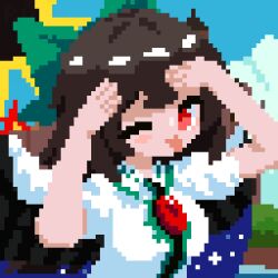  1girl :p ;p ah_eto..._bleh_(meme) arms_on_head bird_wings black_hair black_wings blue_sky bow cape chest_eye clouds commentary green_bow hair_bow hands_on_own_head highres long_hair meme one_eye_closed outdoors pixel_art red_eyes reiuji_utsuho short_sleeves sky starry_sky_print tongue tongue_out touhou unknownrori white_cape wings 
