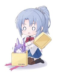 >_< 1girl animal animalization artist_name assault_lily black_boots blue_hair blue_skirt blush boots bow bowtie box brown_thighhighs closed_eyes commentary_request crescent crescent_earrings deformed earrings full_body gift gift_box hair_ornament hair_ribbon hands_up herensuge_girls_academy_school_uniform holding in_box in_container inoguchi_minto jacket jewelry long_sleeves looking_at_animal makino_mitake matsumura_fuuka miniskirt motion_lines o_o open_box open_mouth parted_bangs parted_lips pink_ribbon ponytail purple_hair rabbit red_bow red_bowtie ribbon ring school_uniform short_hair simple_background sitting skirt sweatdrop tassel tassel_hair_ornament thigh-highs translation_request twintails wariza white_background white_jacket 