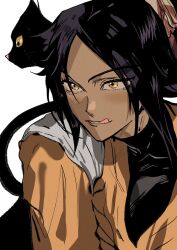  1girl animal_on_shoulder black_cat black_hair black_leotard bleach busuttt cat cat_on_shoulder commentary_request dark-skinned_female dark_skin highres korean_commentary leotard light_blush long_hair looking_to_the_side orange_shirt parted_bangs parted_lips shihouin_yoruichi shirt tongue tongue_out turtleneck turtleneck_leotard upper_body white_background yellow_eyes 