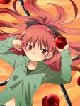  apple blush bust food fruit holding holding_apple holding_fruit hoodie long_hair lying mahou_shoujo_madoka_magica mochizuki_yomogi navel on_back ponytail red_eyes red_hair redhead sakura_kyouko smile solo 