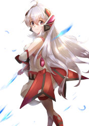  1girl absurdres ahoge anzo_(anzu_elichi0928) armor bodysuit commentary_request elbow_gloves expressionless gauntlets gloves grey_hair hair_between_eyes headgear highres long_hair looking_at_viewer multicolored_thighhighs red_thighhighs red_trim senki_zesshou_symphogear senki_zesshou_symphogear_xd_unlimited sleeveless sleeveless_bodysuit solo thigh-highs two-tone_thighhighs very_long_hair violet_eyes white_background white_bodysuit white_gloves white_thighhighs yukine_chris yukine_chris_(another) yukine_chris_(ichaival) 
