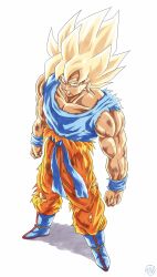  1boy absurdres artist_name blonde_hair blue_boots blue_sash blue_shirt boots bruise clenched_hands clenched_teeth dirty dirty_clothes dougi dragon_ball dragon_ball_z from_above full_body green_eyes highres injury looking_at_viewer male_focus muscular muscular_male orange_pants pants roub3d sash shadow shirt signature simple_background sleeveless sleeveless_shirt solo son_goku spiky_hair standing super_saiyan sweat teeth torn_clothes torn_pants torn_shirt white_background wristband 