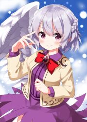  1girl blue_background blush bow bowtie braid breasts brooch closed_mouth commentary_request completion_time dress feathered_wings grey_hair grey_wings half_up_braid highres jacket jewelry kishin_sagume long_sleeves looking_at_viewer medium_hair pink_eyes purple_dress red_bow red_bowtie ruu_(tksymkw) single_wing small_breasts smile solo touhou wings 