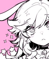  1girl :< animal_ears choker cio_(ciosui) closed_mouth commentary earrings eyelashes glint greyscale_with_colored_background jewelry long_hair original pink_background portrait rabbit_ears rabbit_girl simple_background solo star_(symbol) star_choker star_earrings 