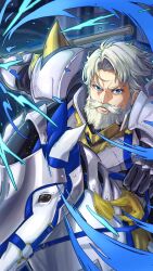  1boy absurdres armor barding beard blue_eyes commentary_request facial_hair fire_emblem fire_emblem_engage full_beard grey_hair highres horse horseback_riding looking_at_viewer male_focus mustache old old_man riding rooru_kyaabetsu solo upper_body vander_(fire_emblem) 