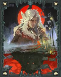  animal_collar animal_ears collar commentary crescent crescent_collar crescent_necklace deadlock_(game) highres jacket jewelry necklace orange_jacket scar scar_on_face shleepyben silver_(deadlock) werewolf wolf_ears wolf_girl 