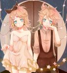 blue_eyes cherry_blossoms dress dress_lift hair_ribbon hand_to_mouth headphones kagamine_len kagamine_rin overalls pink_dress ribbon rouki_isago siblings twins vocaloid 