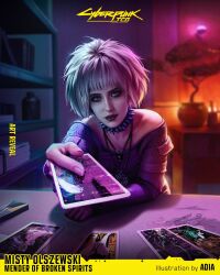  1girl adia artist_name blonde_hair blue_eyes bonsai card character_name collar commentary copyright_logo cyberpunk_(series) cyberpunk_2077 cyberpunk_trading_card_game english_commentary english_text highres holding holding_card indoors jewelry logo looking_at_viewer misty_olszewski necklace short_hair socks spiked_collar spikes 