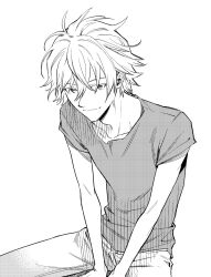  1boy closed_mouth collarbone greyscale hair_between_eyes highres himo_(himodayoo) looking_at_viewer male_focus monochrome nagisa_kaworu neon_genesis_evangelion pants shirt short_hair simple_background solo t-shirt white_background 