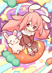  1girl :d ^_^ aikei_ake animal animal_ears blush bobby_socks brown_dress brown_shoes carrot checkered_background chibi closed_eyes closed_mouth commentary_request dress long_hair long_sleeves mini_person minigirl original pink_hair polka_dot polka_dot_background puffy_long_sleeves puffy_sleeves purple_background rabbit rabbit_ears rainbow red_eyes shoes sleeves_past_wrists smile socks solo star_(symbol) very_long_hair white_socks 