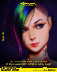  1girl artist_name asymmetrical_hair brown_eyes character_name copyright_logo cyberpunk_(series) cyberpunk_2077 cyberpunk_trading_card_game english_text green_hair highres ilya_kuvshinov judy_alvarez logo looking_at_viewer looking_to_the_side multicolored_hair neck_tattoo pink_hair portrait sidecut solo tattoo undercut 