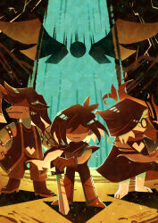  1boy 1girl 1other absurdres androgynous animal_ears antenna_hair armlet armored_boots barefoot boots bracelet buckle cape closed_mouth commentary_request delta_rune_(symbol) deltarune freckles furry furry_female glasses heart heart-shaped_buckle highres holding holding_sword holding_weapon jewelry kris_(dark_world)_(deltarune) kris_(deltarune) long_hair no_eyes open_clothes open_vest pants ralsei reptile_girl round_eyewear scarf shaded_face shirt short_hair spiked_armlet spiked_bracelet spikes standing susie_(dark_world)_(deltarune) susie_(deltarune) sword utdr_(toby_fox) vest watawata22 weapon 