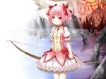  bow bow_(weapon) choker cityscape dress dual_persona frills frown gloves hair_ribbon jewelry kaname_madoka kriemhild_gretchen mahou_shoujo_madoka_magica pink_hair puffy_sleeves red_eyes ribbon setona_(daice) short_hair short_twintails spoilers tears twintails water weapon white_gloves 
