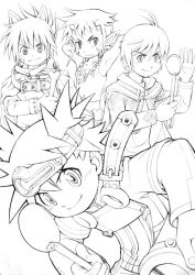  4boys animal_collar animal_ears armpits arms_up bead_necklace beads bone cleru_(summon_night) closed_mouth collar commentary_request dog_boy dog_ears edge_colthearts gabriel_(summon_night) greyscale headband holding holding_bone holding_spoon in-franchise_crossover jewelry loki_(summon_night) male_focus monochrome multiple_boys necklace niyao pointy_ears short_hair small_horns smile split_mouth spoon summon_night summon_night:_swordcraft_story summon_night:_swordcraft_story_2 v-shaped_eyebrows 