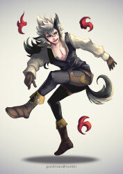  1boy animal_ears artist_name black_pants black_vest boots brown_boots brown_gloves cross_scar english_commentary fire_emblem fire_emblem_fates gloves gzei highres keaton_(fire_emblem) looking_to_the_side male_focus multicolored_hair pants scar scar_on_cheek scar_on_face shirt smile tail twitter_username vest white_shirt wolf_boy wolf_ears wolf_tail 
