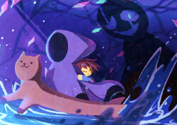  2others absurdres ambiguous_gender androgynous black_cloak blue_sweater brown_hair cloak closed_eyes closed_mouth colored_skin commentary_request frisk_(undertale) highres hood hood_up long_sleeves multiple_others river_person_(undertale) shadow short_hair sweater undertale utdr_(toby_fox) w.d._gaster watawata22 water yellow_skin 