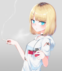  1girl :o between_fingers black_choker blonde_hair blue_eyes blush breasts choker cigarette drawstring exhaling_smoke grey_background hair_ornament hairclip highres holding holding_cigarette holding_lighter hood hood_down hoodie lighter looking_at_viewer menbou_(menbow3v) multicolored_hair original parted_lips roots_(hair) short_hair short_sleeves simple_background smoke smoke_trail smoking solo upper_body white_hoodie zippo_lighter 