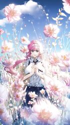  1girl absurdres black_skirt blue_eyes blue_sky breasts chinese_commentary clouds commentary_request elysia_(golden_courtyard)_(honkai_impact) elysia_(honkai_impact) field flower flower_field hairband highres honkai_(series) honkai_impact_3rd large_breasts long_hair long_skirt looking_at_viewer neko044924 official_alternate_costume outdoors own_hands_together pink_hair shirt skirt sky solo very_long_hair white_hairband white_shirt 