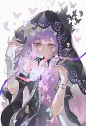 1girl absurdres bare_shoulders black_dress black_veil braid breasts bug butterfly closed_mouth commentary_request detached_sleeves dress flower grey_background hair_flower hair_ornament hands_up highres light_blush lily_(flower) lily_(wuthering_waves) long_hair looking_at_animal purple_butterfly purple_hair shigureszku simple_background small_breasts solo tacet_mark_(wuthering_waves) upper_body veil violet_eyes white_flower wuthering_waves 