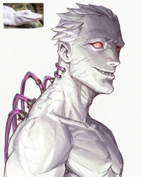  1boy body_tube colored_sclera colored_skin crocodile crocodilian highres looking_at_viewer nitroo original personification red_sclera sharp_teeth slit_pupils teeth white_background white_hair white_skin yellow_eyes 
