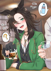  1girl 1other :d ? absurdres alcohol animal_ear_piercing animal_ears belt black_gloves black_shirt blurry blurry_background blush bolo_tie brown_belt brown_hair chain commentary_request condensation cup drunk earrings elbows_on_table eyes_visible_through_hair fang flying_sweatdrops glass gloves gold_chain gold_earrings gold_ring green_eyes green_jacket hair_between_eyes highres holding holding_cup horse_ears horse_girl izakaya jacket jewelry lapel_chain long_hair long_sleeves looking_at_another looking_to_the_side o-ring o-ring_belt open_clothes open_jacket out_of_frame ribehachi shirt sitting smile speech_bubble speed_symboli_(umamusume) spoken_food spoken_question_mark squeans teeth tongue umamusume very_long_hair water whiskey white_shirt 