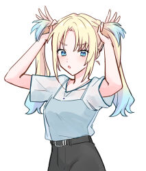  1girl :o black_camisole black_pants blush breasts camisole highres holding_own_hair jewelry looking_at_viewer love_live! love_live!_hasu_no_sora_jogakuin_school_idol_club medium_breasts necklace open_mouth osawa_rurino pants parted_bangs see-through_clothes see-through_shirt shirt shirt_tucked_in short_sleeves simple_background solo t-shirt twintails virtual_youtuber white_background zangemiya 