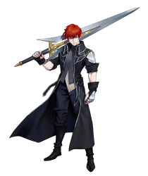  1boy absurdres arm_at_side armor black_boots black_coat black_gloves black_pants boots closed_mouth coat commentary concept_art dongho_kang english_commentary fingerless_gloves full_body gloves greatsword grey_vest halcyon_zero head_tilt highres holding holding_sword holding_weapon knee_boots looking_at_viewer male_focus nose nose_shade official_art over_shoulder pants pauldrons red_hair rowan_(halcyon_zero) short_hair shoulder_armor simple_background single_pauldron sleeves_rolled_up solo standing sword sword_over_shoulder vest violet_eyes weapon weapon_over_shoulder white_background 