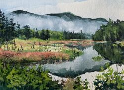  clouds cloudy_sky commentary day english_commentary fog forest grass highres kate_avery mountain nature no_humans original outdoors photo-referenced reflection reflective_liquid river scenery sky tree 
