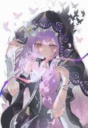  1girl absurdres bare_shoulders black_dress black_veil braid breasts bug butterfly closed_mouth commentary_request detached_sleeves dress flower grey_background hair_flower hair_ornament hands_up highres light_blush lily_(flower) lily_(wuthering_waves) long_hair looking_at_animal purple_butterfly purple_hair shigureszku simple_background small_breasts solo tacet_mark_(wuthering_waves) upper_body veil violet_eyes white_flower wuthering_waves 