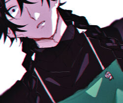  1boy apron black_eyes black_hair black_pantyhose black_shirt blue_period braid commentary_request green_apron hashida_haruka highres looking_at_viewer male_focus nkst_489 one_eye_covered pantyhose shirt simple_background surprised turtleneck turtleneck_shirt twin_braids white_background 