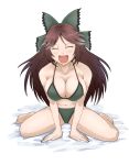  :d all_fours barefoot bikini bow breasts brown_hair cleavage closed_eyes collarbone eyes_closed gomibuta_kuzutarou hair_bow large_breasts long_hair open_mouth reiuji_utsuho shoblack sitting smile solo swimsuit touhou v_arms wariza 