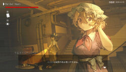  2girls black_hat black_skirt blonde_hair bow brown_hair character_name collared_dress commentary_request dated dress flashlight furahata_gen hair_between_eyes hat hat_bow highres holding holding_flashlight maribel_hearn mob_cap multiple_girls purple_dress red_eyes ribbon-trimmed_skirt ribbon_trim shirt shirt_tucked_in skirt stairs touhou translation_request upper_body usami_renko video_game_dialogue_box violet_eyes white_bow white_hat white_shirt 