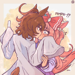  2girls agnes_digital_(umamusume) agnes_tachyon_(umamusume) ahoge animal_ears artist_name blush brown_hair commentary constricted_pupils expressive_tail eye_contact highres holding horse_ears horse_tail kiss long_hair long_sleeves looking_at_another medium_hair multiple_girls oryo_mochappuccino pink_hair pleated_skirt red_eyes school_uniform skirt sleeves_past_fingers sleeves_past_wrists tail tracen_school_uniform umamusume violet_eyes yuri 