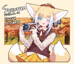  1girl :d ;d alternate_costume animal_ear_fluff animal_ears arknights autumn beret blonde_hair braid brown_hat brown_sweater_vest camera character_name chinese_commentary commentary_request cowboy_shot dated fox_ears fox_girl fox_tail green_eyes hands_up happy_birthday hat highres holding holding_camera looking_at_viewer miaoneko multicolored_hair multiple_tails neck_ribbon one_eye_closed open_mouth orange_ribbon pleated_skirt ribbon shirt skirt smile solo suzuran_(arknights) sweater_vest tail tree white_hair white_shirt yellow_skirt 