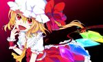  ascot blonde_hair bow crystal dress fang fangs finger_licking flandre_scarlet frilled_dress frills hat highres kaida kaida_michi licking open_mouth red_dress red_eyes side_ponytail slit_pupils solo the_embodiment_of_scarlet_devil toiuhou tongue touhou wings wrist_cuffs 