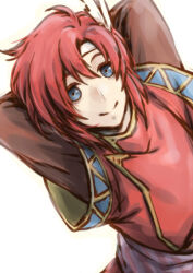  1boy arms_behind_head closed_mouth commentary_request feather_hair fire_emblem fire_emblem:_mystery_of_the_emblem looking_at_viewer male_focus red_shirt shirt smile upper_body white_background xane_(fire_emblem) yokutsuki_noa 