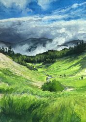  blue_sky bush clouds commentary day english_commentary fog forest gouache_(medium) grass highres kate_avery mountain nature no_humans original outdoors painting_(medium) river scenery sky traditional_media valley 