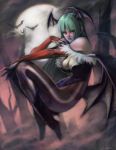  bat_wings boots breasts cleavage cuson demon_girl elbow_gloves fingerless_gloves fingernails flying fur gloves green_hair large_breasts legs long_fingernails long_hair long_legs moon morrigan_aensland pantyhose red_eyes succubus thighs vampire_(game) very_long_hair wings 