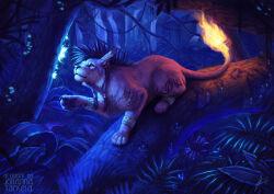  1boy arm_markings artist_name body_markings claws commentary english_commentary facial_mark feather_hair_ornament feathers fiery_tail final_fantasy final_fantasy_vii fire forest glowing_flower hair_ornament johannatarkela nature pawpads red_xiii roman_numeral signature tail watermark 