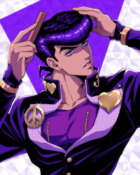  1boy anchor_symbol blue_eyes brushing_hair comb diamond_wa_kudakenai ear_piercing earrings eyelashes gakuran heart higashikata_josuke high_collar highres holding holding_comb jewelry jojo_no_kimyou_na_bouken long_sleeves male_focus nipple_zipper parted_lips peace_symbol piercing pompadour purple_hair school_uniform solo standing stud_earrings tarosuke_ank upper_body zipper 